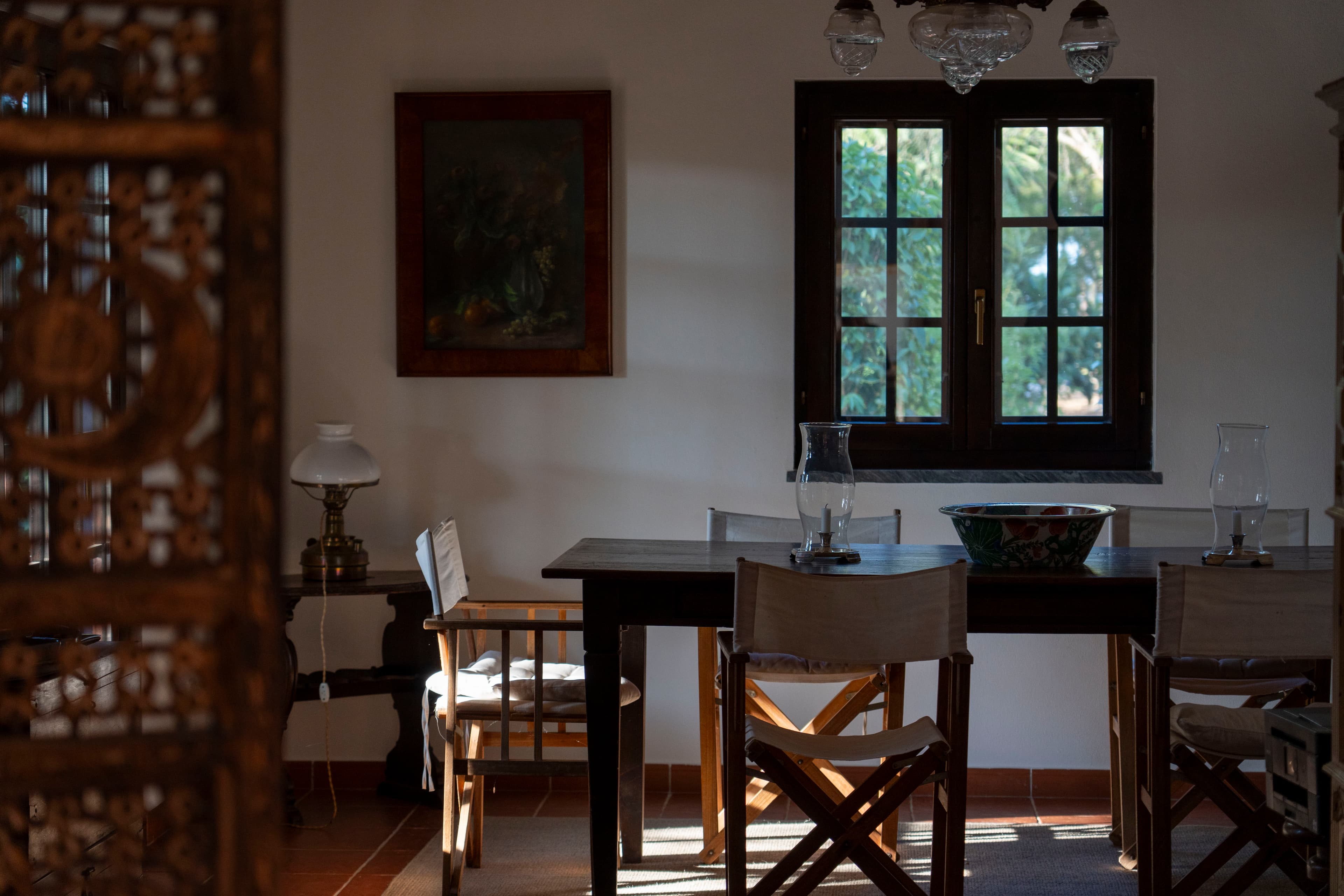 Dining room with dark wood table